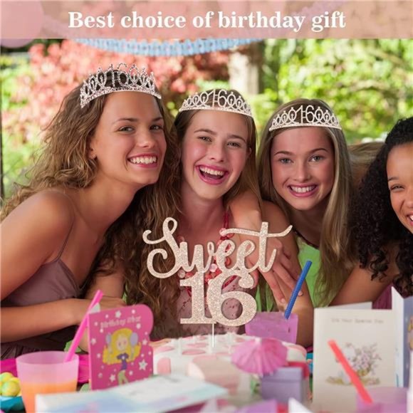 Sweet 16 Birthday Decorations for Girls, Including Sweet 16 Cake Toppers, Crown - Picture 6 of 7
